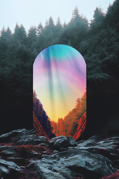 Foto esthetisch landschap met een psychedelische spiegel in de middelste afbeelding gemaakt met generative ai