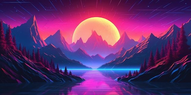 Esthetisch mountain synthwave retrowave behang met een cool en levendig neon design