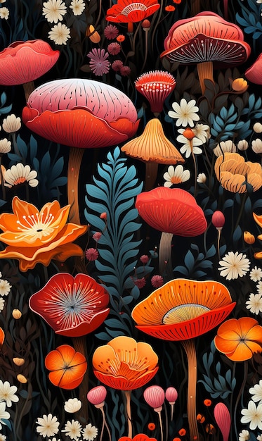 Esthetisch naadloos patroonontwerp van psychedelische bloemenpaddenstoelenvibes