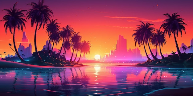 Esthetisch strand synthwave retrowave behang met een cool en levendig neon design