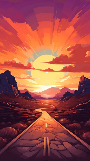 Foto esthetische abstracte western desert road berg zonsondergang kunst desert road vector kunst illustratie