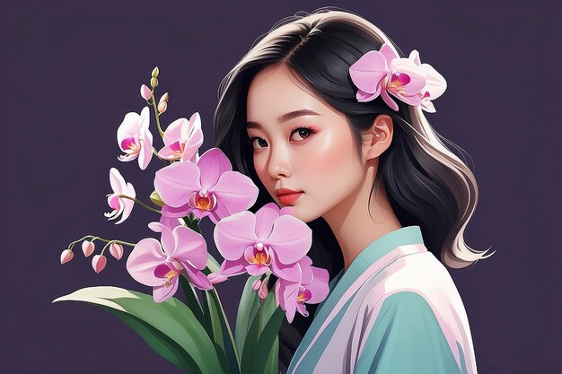 Esthetische illustratie van een Aziatische vrouw met een boeket orchideeën Generatieve AI