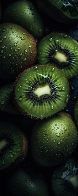 esthetische kiwi's met waterdruppels op een zwarte achtergrond bovenhoek schot Generatieve AI