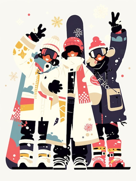 Esthetische minimale illustratie van een diverse groep snowboarders Generatieve AI