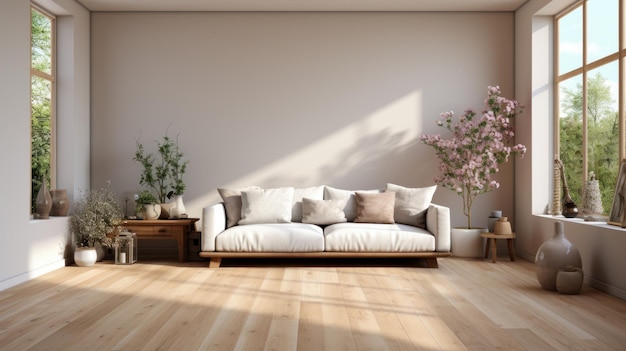 Esthetische minimalistische compositie van Japandi woonkamer interieur Comfortabele bank decoratieve vazen exotische planten in potten houten vloer grote ramen Home decor sjabloon