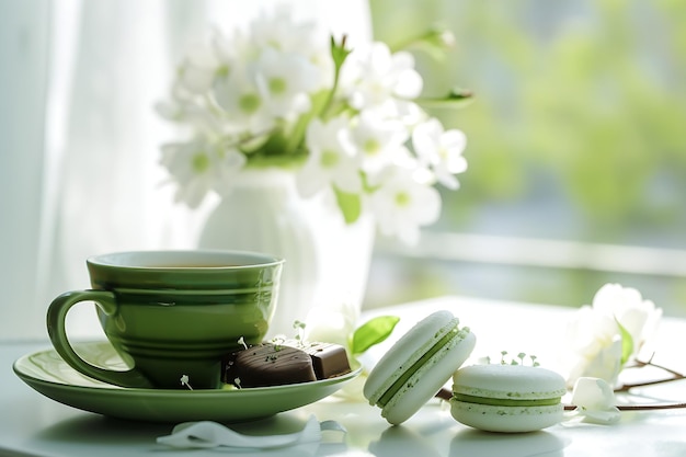 Esthetische tafelinrichting Groene thee Macaroon desserts chocolade wit boeket ti Generatieve AI