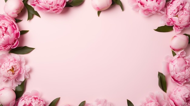 esthetische Valentine's Day en Moedersdag mockup sjabloon met een krans gemaakt van roze pioenen bloemen en een leeg vierkante vel papier op een roze achtergrond met kopieerruimte