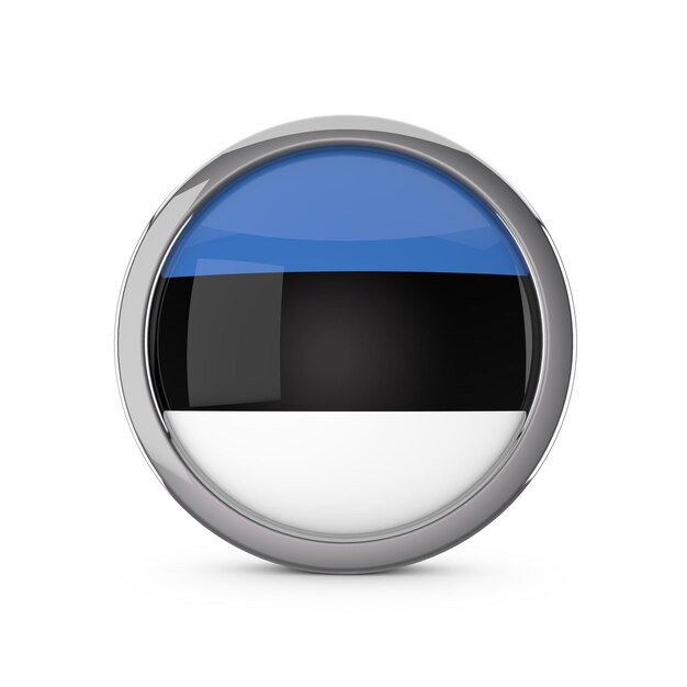 Estonia national flag in a glossy circle shape with chrome frame 3D Rendering