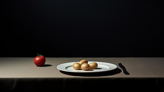 Photo estranged minimalistic food photography white dinner plate with tomatoes