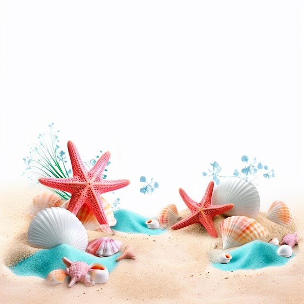 estrellas marinas y elementos del mar en la arena con fondo blanco