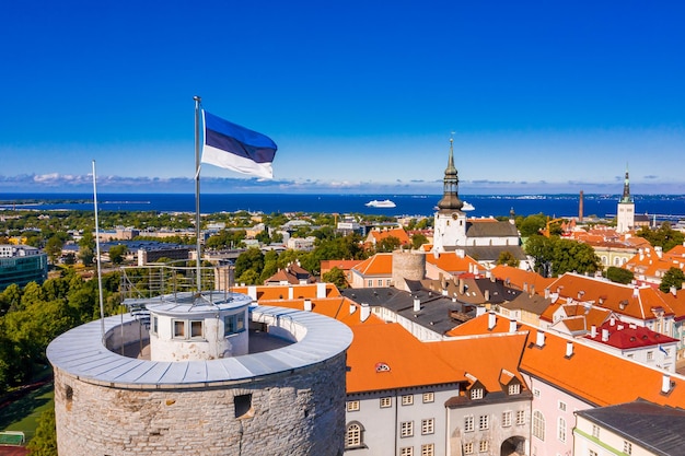 Estse vlag op Tall Hermann Tower in de oude binnenstad van Tallinn, Estland