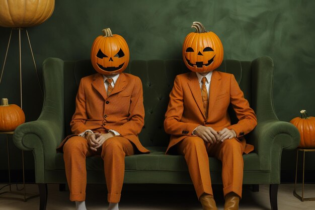 Photo estudio fotogrfico de halloween dos personas con rostros de calabaza en fondo naranja