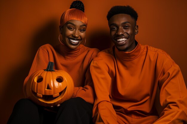 Estudio Fotogrfico de Halloween Dos Personas con Rostros de Calabaza en Fondo Naranja