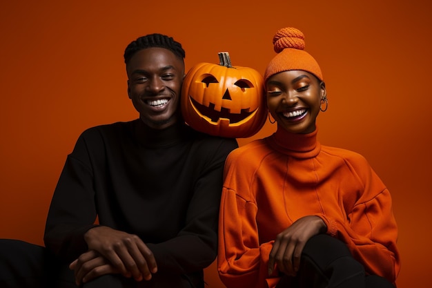 Estudio Fotogrfico de Halloween Dos Personas con Rostros de Calabaza en Fondo Naranja