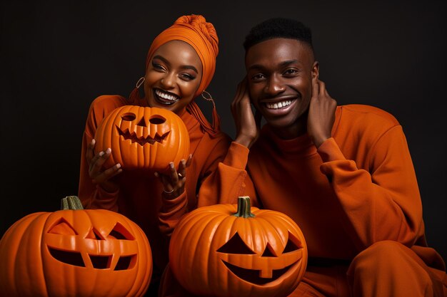 Estudio Fotogrfico de Halloween Dos Personas con Rostros de Calabaza en Fondo Naranja