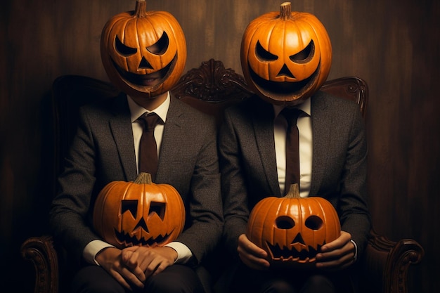 Estudio Fotogrfico de Halloween Dos Personas con Rostros de Calabaza en Fondo Naranja
