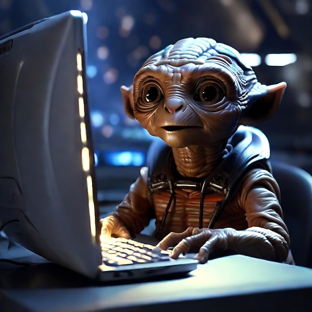 E.T.는 컴퓨터 AI에 앉아 있습니다.