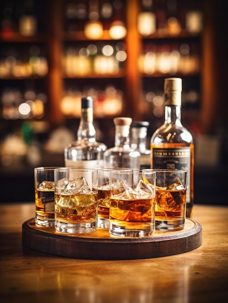 eten en drinken whiskey en voor een vriendelijke in een bar of een restaurant uit de focus