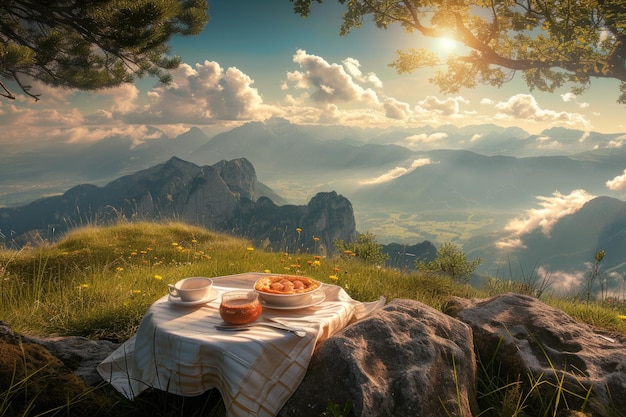 Eten en koffie op een houten tafel op de top van de berg geweldig ontbijt met een prachtig uitzicht op het landschap Concept van reizen wandeling natuur restaurant zomerresort
