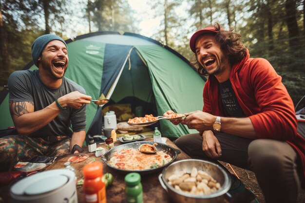 eten koken tijdens het kamperen en samen grapjes maken