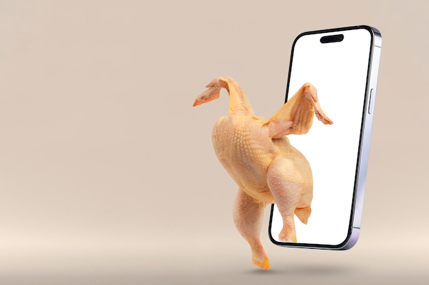 Foto eten kopen via een mobiele applicatie kip kruipt uit smartphone op grijze achtergrond food deli
