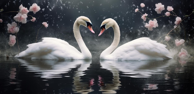 Eternal Companions Swans in Love Amongst Cherry Blossoms Generative AI