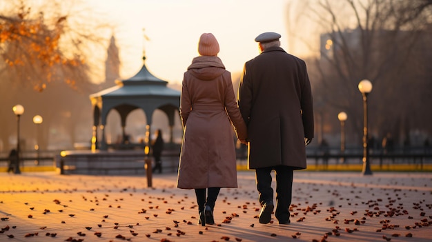 Eternal Devotion Serene Stroll of an Old Couple Holding Hands in a Romantic Setting