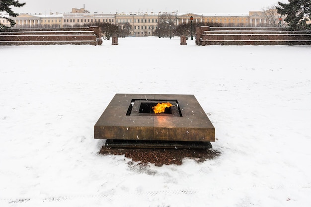 Eternal Flame memorial at Field of Mars in snow