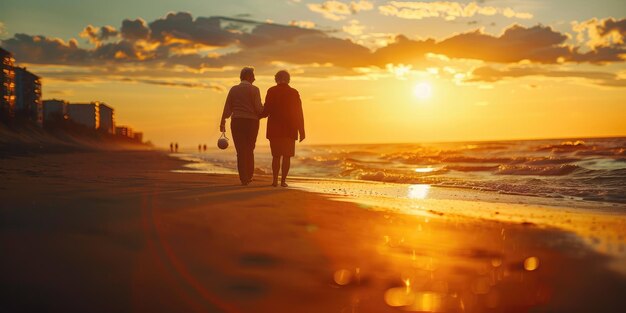 Eternal love An elderly wise couple strolling along a beach Generative Ai