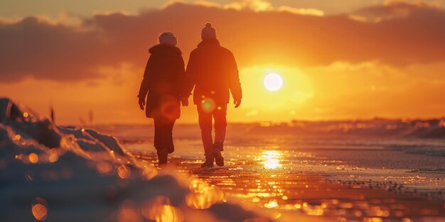 永遠の愛 ビーチを散歩する年配の賢明なカップル