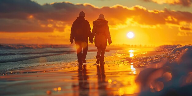 Eternal love An elderly wise couple strolling along a beach Generative Ai