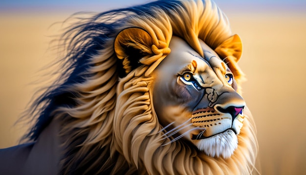 Вечное Величество Величественный лев с развевающейся гривой пристально смотрит вдаль, захватывая