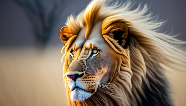 Eternal Majesty Majestic Lion with Flowing Mane Gazing Intensely into the Distance Capturing the