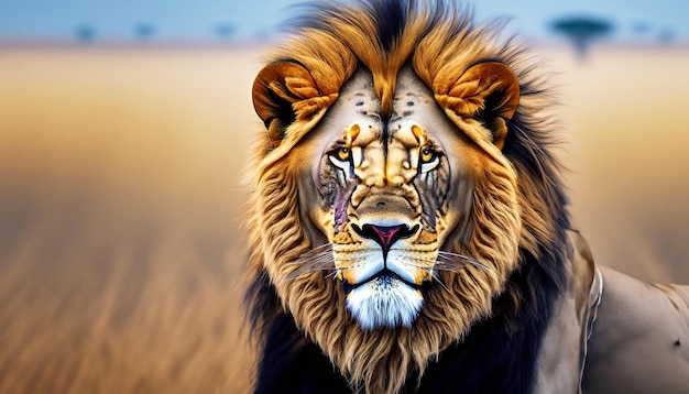 永遠の威厳 たてがみをたなびかせて遠くを見つめる雄大なライオン