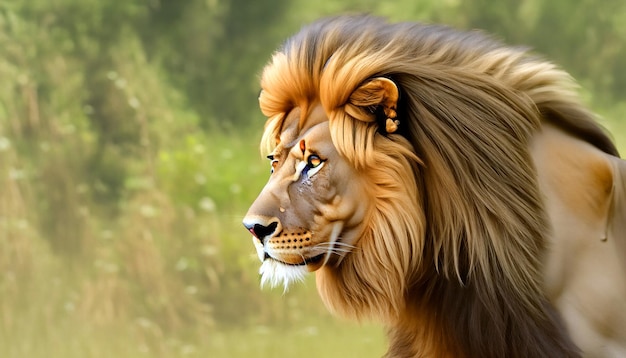 永遠の威厳 たてがみをたなびかせて遠くを見つめる雄大なライオン