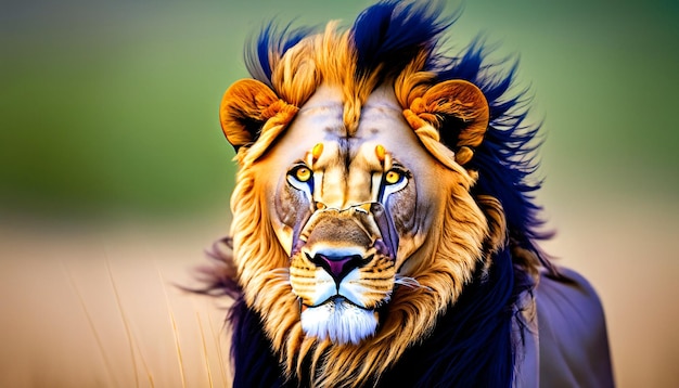Вечное Величество Величественный лев с развевающейся гривой пристально смотрит вдаль, захватывая