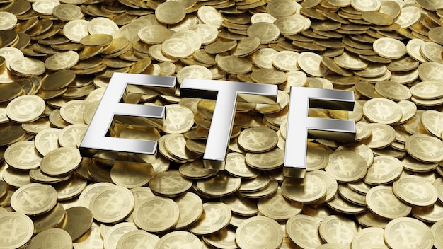 Фото Текст etf exchange traded fund на стопке золотых биткойнов