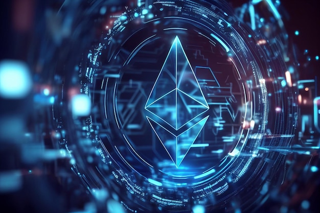 Обмен криптовалюты ETH Ethereum и концепция футуристической технологии блокчейн Генеративный ИИ