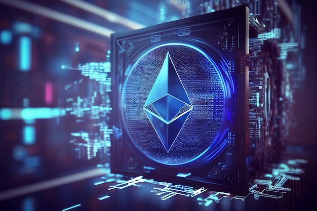 Обмен криптовалюты ETH Ethereum и концепция футуристической технологии блокчейн Генеративный ИИ