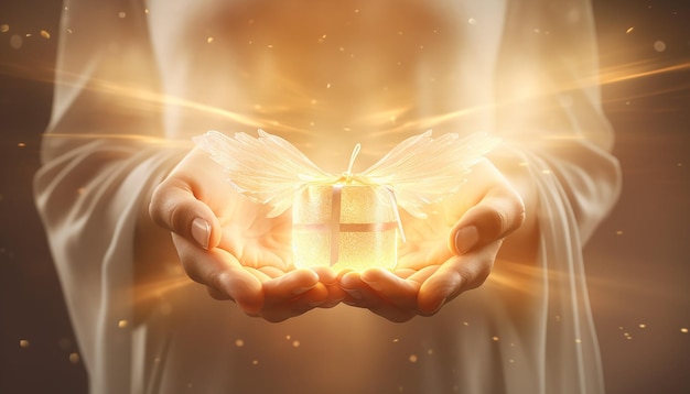 An ethereal 3D illustration featuring translucent hands holding a glowing gift