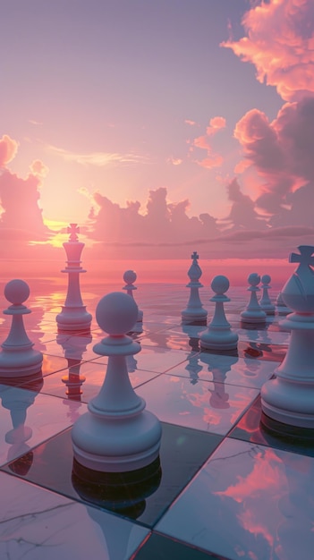 Photo an ethereal 3d landscape depicting a chess game each piece representing a core business strategy against a sunrise cinematic