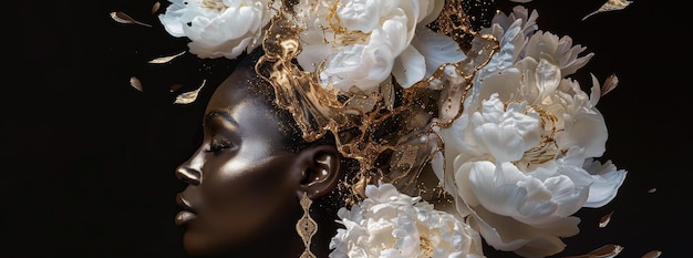 Ethereal African Beauty with Golden Floral Accents