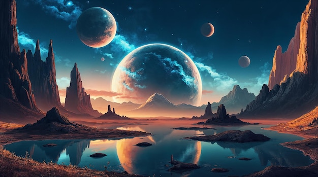 ethereal alien world: planets and cosmic reflection