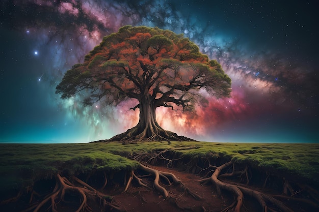 エーテル・アーボレアル・ヘイブン HD 壁紙 銀河の大気中の根付いた木を特徴としています