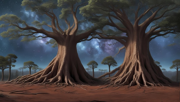 Ethereal Arboreal Haven HD Wallpaper Featuring Rooted Tree in Galaxy Atmosphere