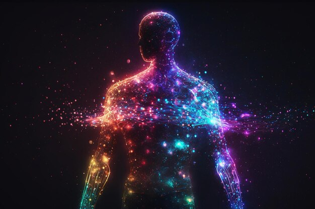 Ethereal artificial intelligence avatar Glowing data particles Generative AI