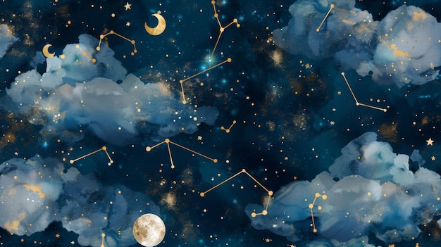天空の雲と宇宙の要素の中に星座を描いたエーテル美術品