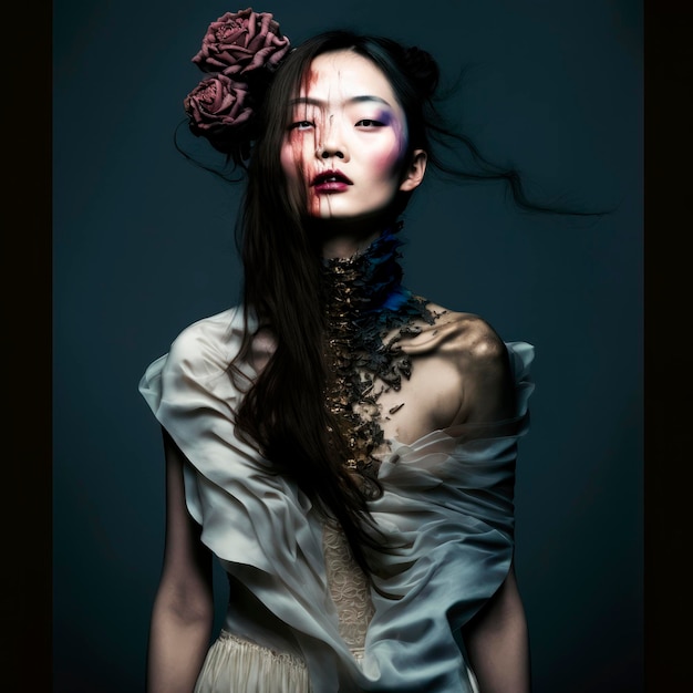 生成 AI によって撮影された、バラで飾られたエレガントな白いドレスを着た優美なアジア人モデル