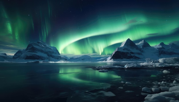 写真 エーテリアのオーロラが 氷の風景の上を巻き 冬の夜を踊る鮮やかな色彩で照らします