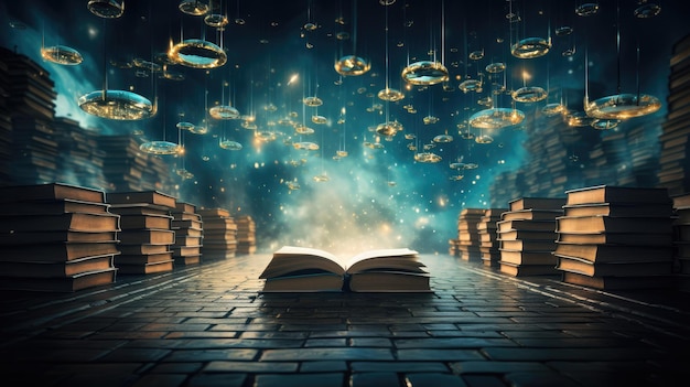 эфирный фон, демонстрирующий парящую библиотеку со светящимися книгами